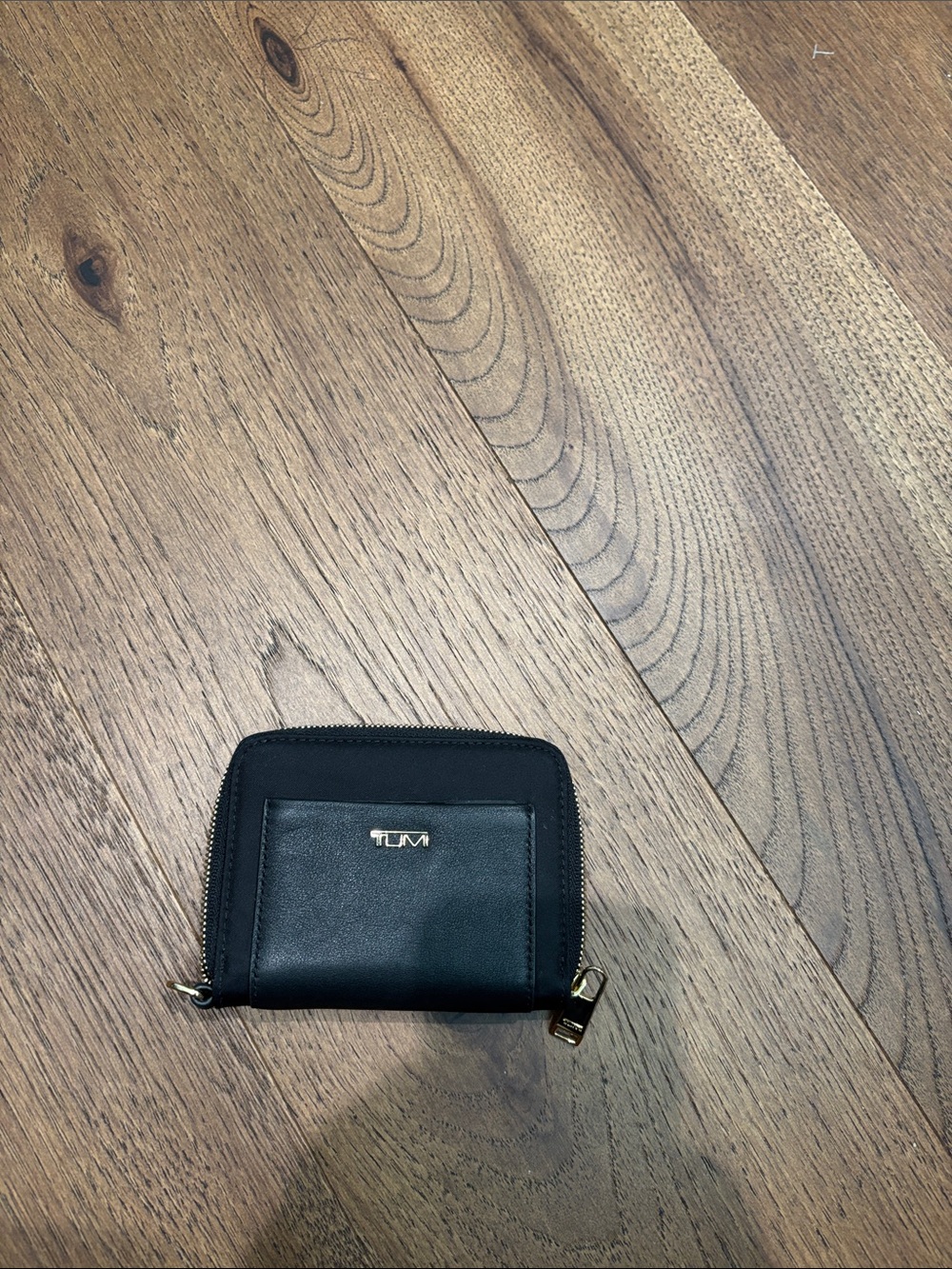Tumi Black Zip-Around Leather Card Wallet with Gold Hardware